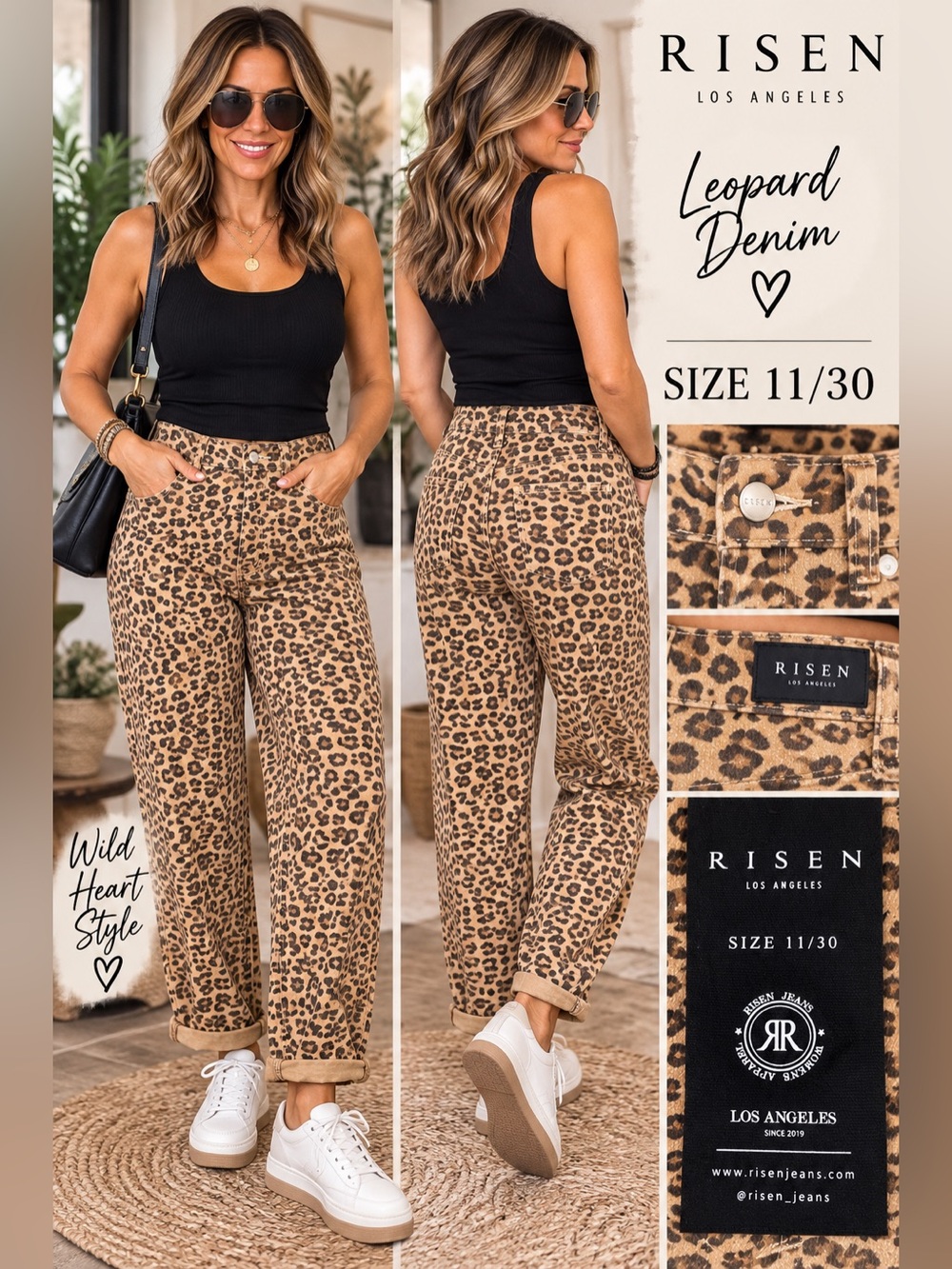 RISEN Leopard Print Wide-Leg Jeans in Tan